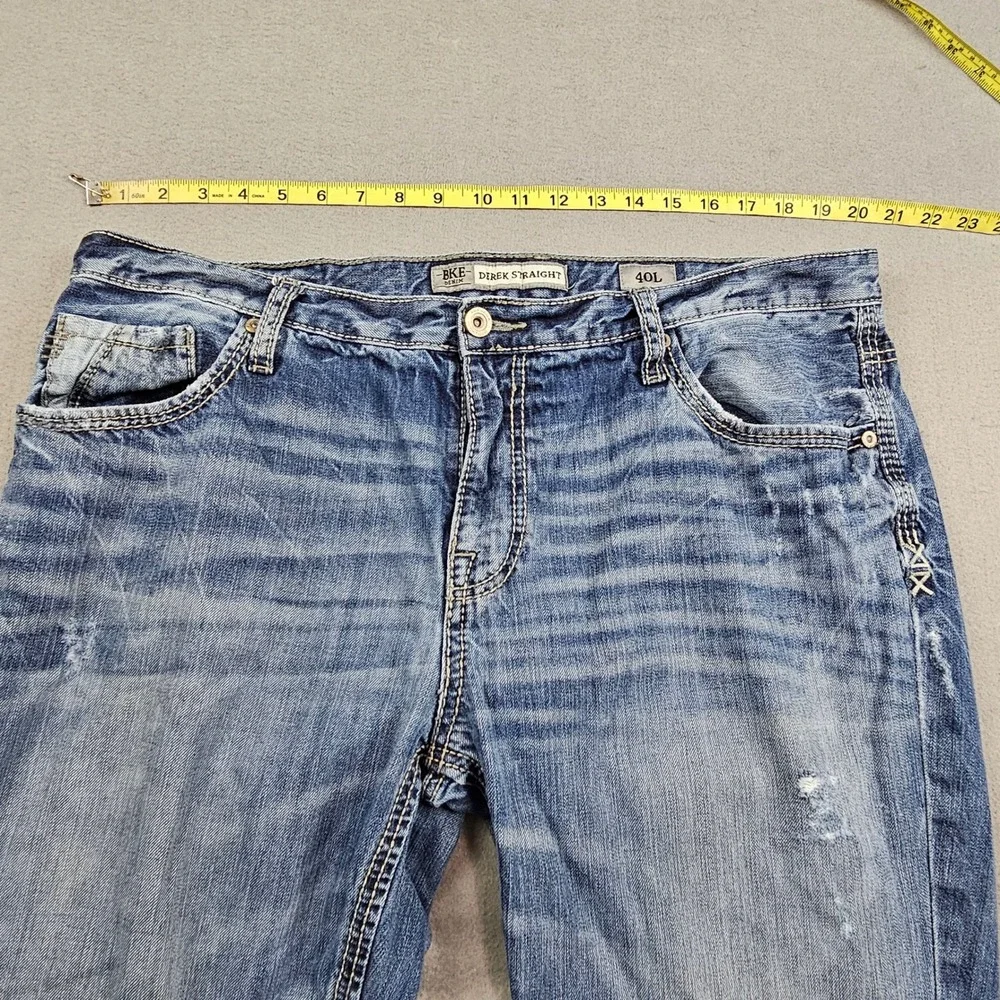 BKE Derek Straight Leg Jeans Mens Sz 40L Cotton Distressed‎ Blue Denim